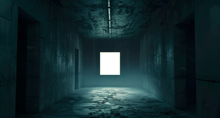Obraz premium An empty and abandoned room with dim lighting and a single bright white square on one of the walls, creating a mysterious and somewhat eerie atmosphere, evoking curiosity.