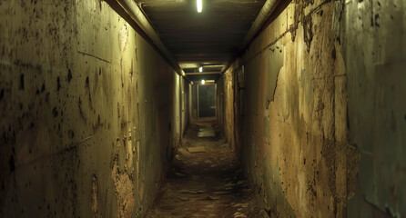 Obraz premium A dark, rustic corridor shows significant decay with its crumbling, graffiti-covered walls and scattered debris, accentuated by a single dim light, evoking a post-apocalyptic scene.