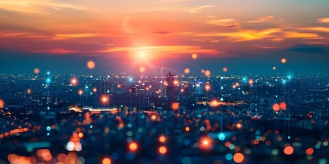 Fototapeta premium Night cityscape with digital network overlay of lines and nodes. Concept City Night Photography, Digital Network, Urban Landscape, Cityscape, Technology Integration