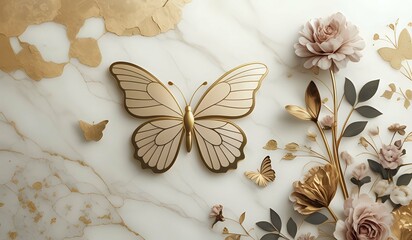 marble background with flower designs and butterfly silhouette, wall decoration in gold tones