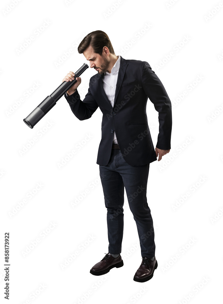 Poster a man in a suit looking through a large telescope, isolated on a white background, representing curi