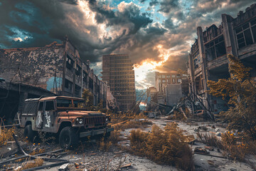 A post-apocalyptic cityscape with crumbling buildings, abandoned vehicles, and a dramatic, cloudy sky