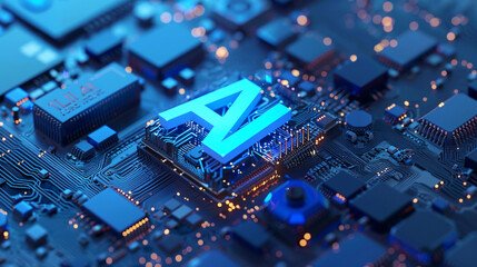 
3D rendering of "AI" text on chip with colorful light streaks flying around, on a black background. The concept symbolizes the evolution and power of artificial intelligence technology in data scienc