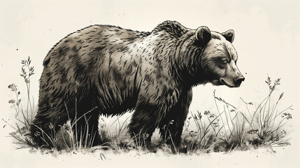 Grizzly bear Brown bear illustration, historic drawing, engraving, ink, line art, vector, 4K, 16:9