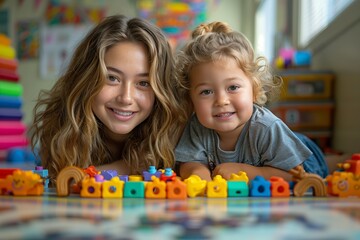 Fototapeta premium Young Woman and Toddler Playing With Colorful Building Blocks in a Playroom