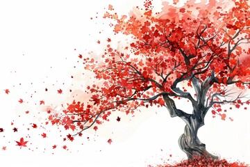 Watercolor painting of a vibrant red tree in autumn, art concept