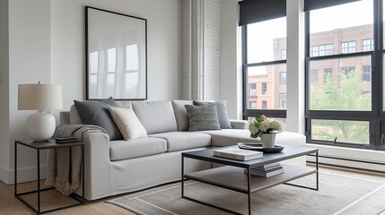 Industrial loft living room | Light gray sectional sofa with various cushions | Black framed wall art above the sofa | Vertical Frame Mock Up