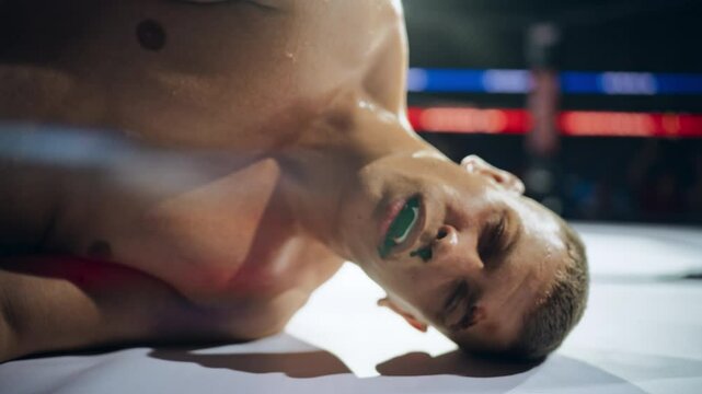 Portrait of a Knocked Out Boxer Falling on the Ground. Close Up of the Head Hitting the Floor, Fighter is Almost Unconscious and Seriously Disorientated. Hurt Mixed Martial Artist Losing a Match