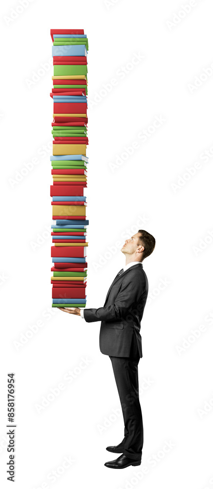 Poster a man in a suit holding a tall stack of colorful books on a white background, concept of knowledge a