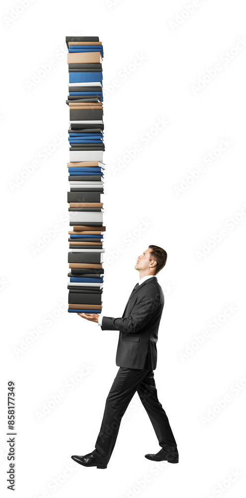 Poster a man in a suit holding a tall stack of books, set against a white background, depicting the concept
