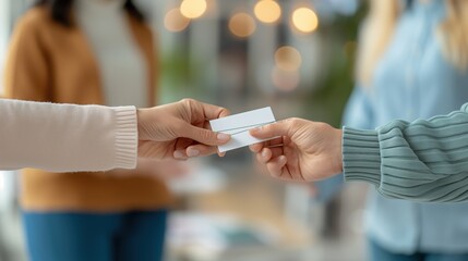 Close-up of hands exchanging business cards during a networking event.