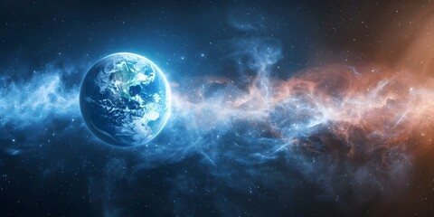 Obraz premium Earth surrounded by electromagnetic waves in outer space. Concept Space Exploration, Electromagnetic Waves, Astronomy, Earth's Atmosphere, Outer Space Discovery