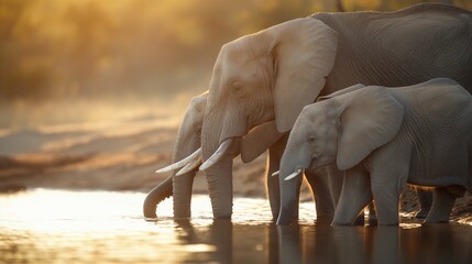 Close-up of a family of elephants drinking water at a watering hole.