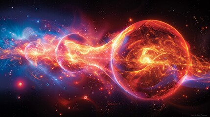 Obraz premium Enchanting abstract portrayal of quantum electrons, integrating scientific technology with intricate designs and vibrant colors to create a visually stunning piece. Illustration, Minimalism,