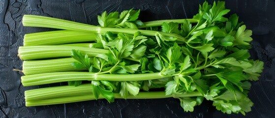 Celery stalks on a black background, showcasing their crisp texture and vibrant green color, ideal for fresh and healthy culinary presentations.