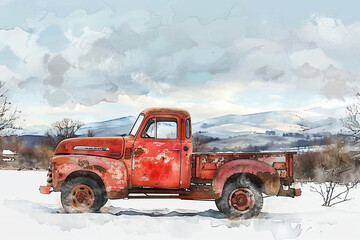 Red vintage truck in snowy countryside, watercolor illustration concept