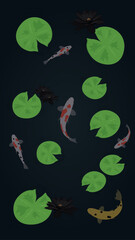 Dark water pond with water lilies and koi fish illustration