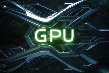 A green glowing GPU (graphics processing unit) with a black background and silver trim.