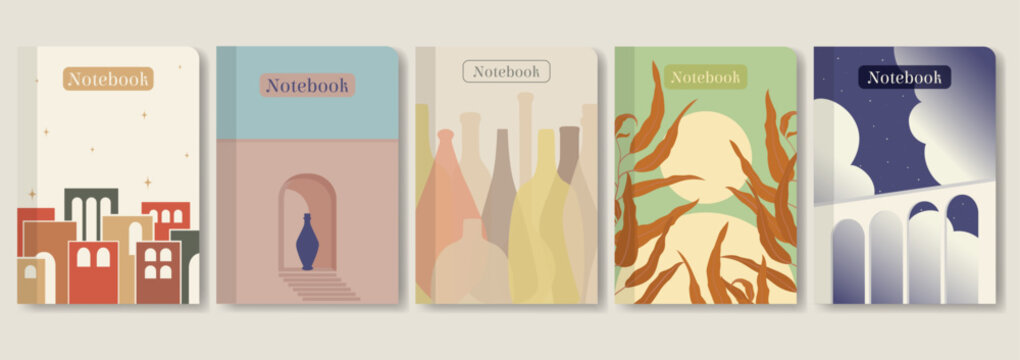 Notebook cover collection for school with colorful elements. Diary, album 2d page aesthetic artwork