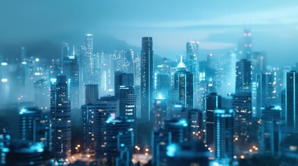 Fototapeta premium a cityscape transitioning from day to night with connected smart city elements highlighted.