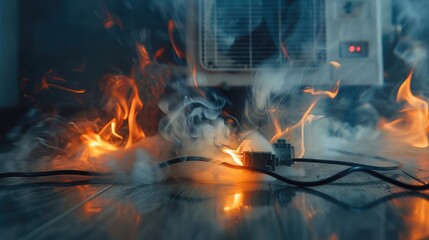 Concept of Dangerous Home Electrical Wiring Circuit Overload or Short Circuit Resulting in Fire and Smoke due to Poor Connections
