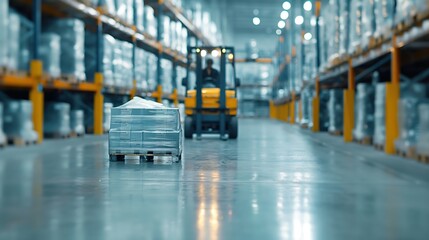  a forklift moving pallets in a busy warehouse.