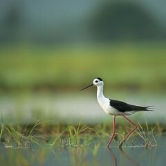 Fototapeta premium AI generator image of black-winged stilt,himantopus sensu lato(Recurvirostridae) bird walk on paddy filed.It is a wading bird commonly found in hot to warm climates.