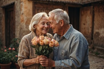 Senior couple holding roses smiling at each other