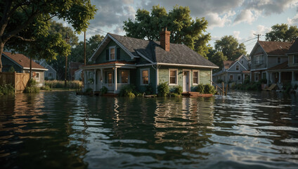 Fototapeta premium Houses submerged in water during natural disaster flood