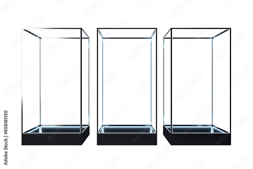 Poster three transparent glass showcases with black bases on a white background, concept of display and pre