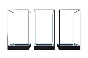 Three transparent glass showcases with black bases on a white background, concept of display and presentation. 3D Rendering