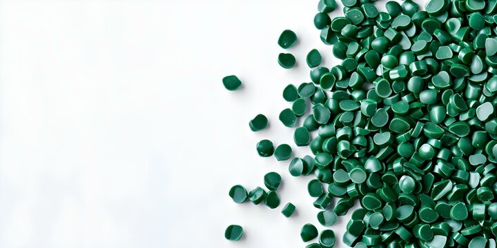 Green biodegradable plastic granules isolated on white background raw material for plastic. Concept Biodegradable Plastic Granules, Eco-Friendly Material, Sustainable Packaging, Green Technology