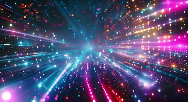 Abstract digital light burst with blue and orange bokeh effects, representing data streams and high-speed technology in a futuristic setting.