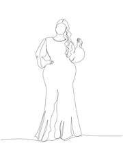 curvy girl in an elegant evening dress, beautiful figure one line art. Continuous line drawing of body positive, overweight, plus size model, XL, health, fashion, self acceptance.