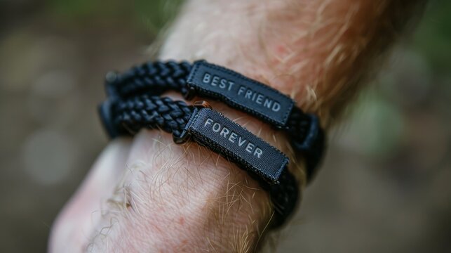 Two 'BEST FRIENDS FOREVER' wristbands shown close-up in a hand. Show off your 'BEST FRIENDS FOREVER' wristbands, symbolizing a lasting friendship.