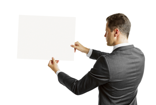 A man in a suit holding a blank white sign, ready for branding or messages, with a white background, depicting a concept of advertising