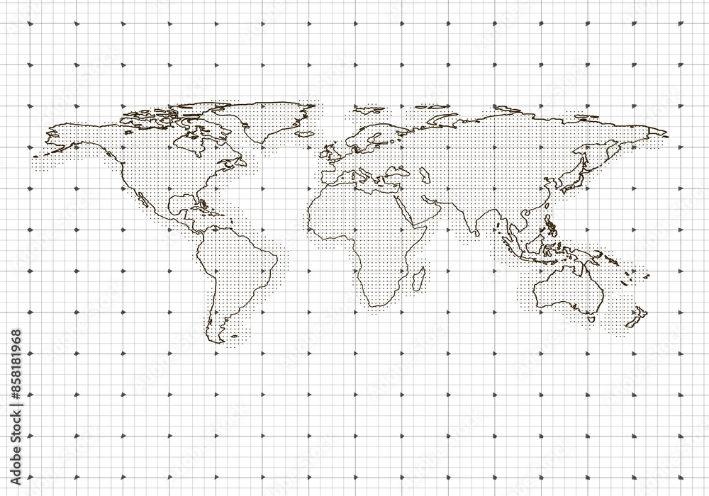 Poster A dot grid world map with a transparent grid background, representing a global concept, clean design. 3D Rendering