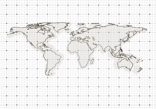 A dot grid world map with a transparent grid background, representing a global concept, clean design. 3D Rendering