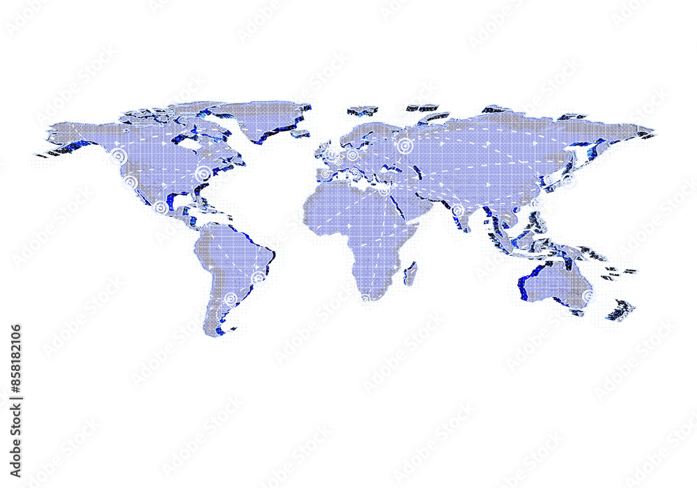 Poster A digital blue and white abstract representation of the world map on a white background, depicting global connectivity. 3D Rendering