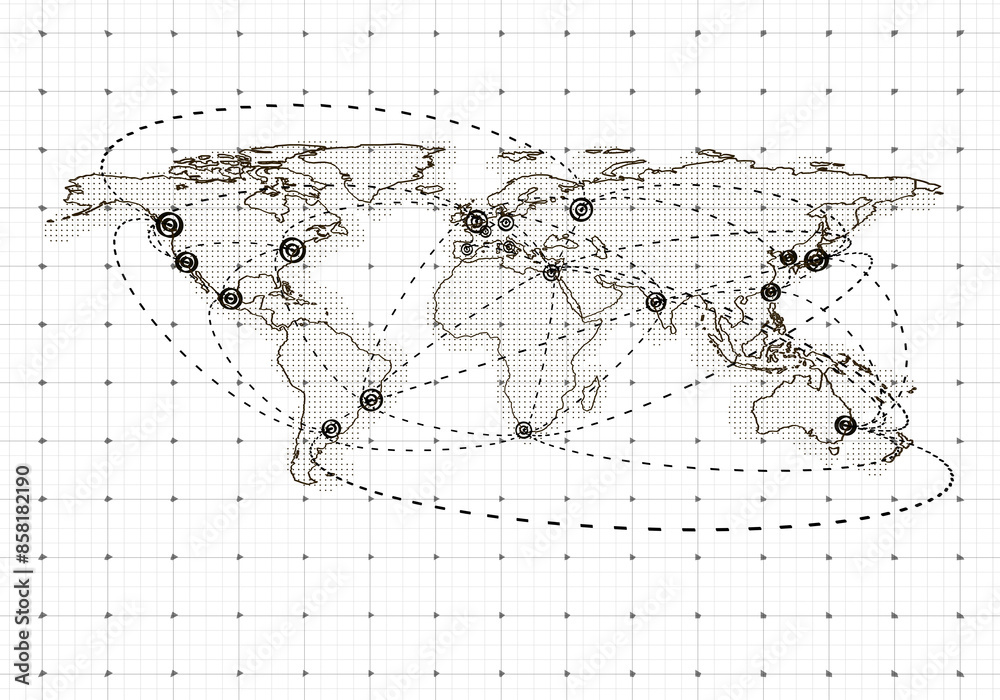 Poster An illustrated world map with connectivity lines and nodes on a grid background, suggesting global network concept. 3D Rendering