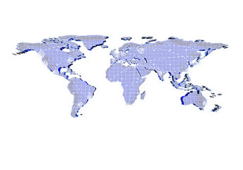 A digital blue and white abstract representation of the world map on a white background, depicting global connectivity. 3D Rendering