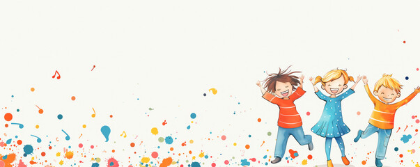Colorful illustration of dancing happy children and notes flying around them.