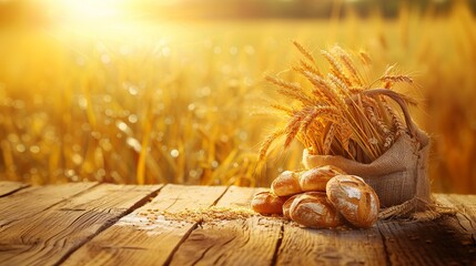 Obraz premium A sack of wheat grains and wheat ear on wooden table with background of golden wheat field.