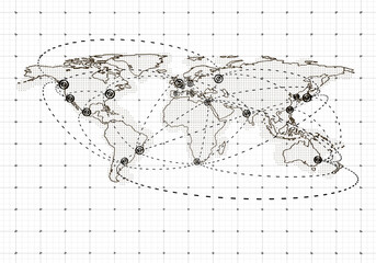 An illustrated world map with connectivity lines and nodes on a grid background, suggesting global network concept. 3D Rendering