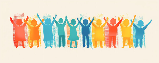 Happy children standing with raising hands in the air. Concept of happy and friendship.