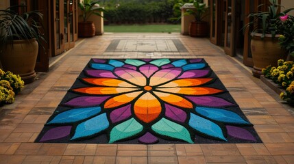 Large Rangoli display at the entrance of a cultural hall, bright and intricate designs welcoming guests to the Holi celebrations, festive and artistic