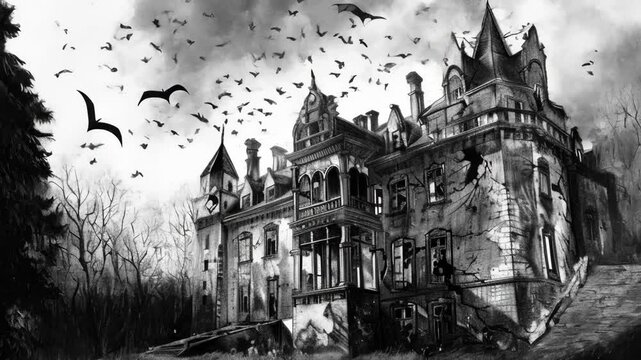 Eerie depiction of a decaying gothic mansion, rendered in charcoal and graphite on textured paper