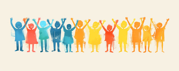 Happy children standing with raising hands in the air. Concept of happy and friendship.