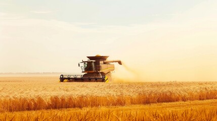 Obraz premium Combine harvester machine working in wheat field farm land.