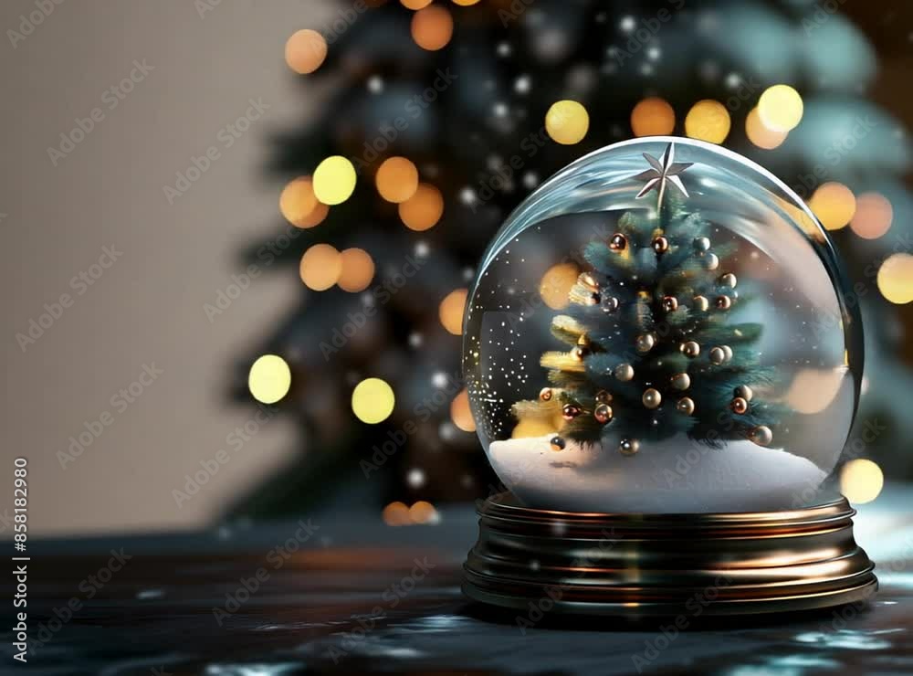 Poster Christmas glass snow globe with golden bokeh background
